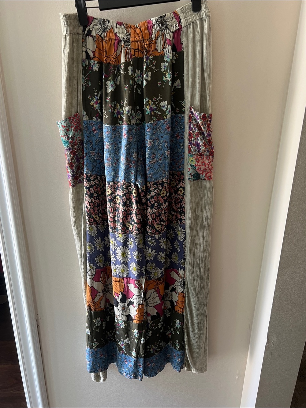 Patchwork Floral Flowy Pants in Olive, Blue & Cream - Picture 5 of 7